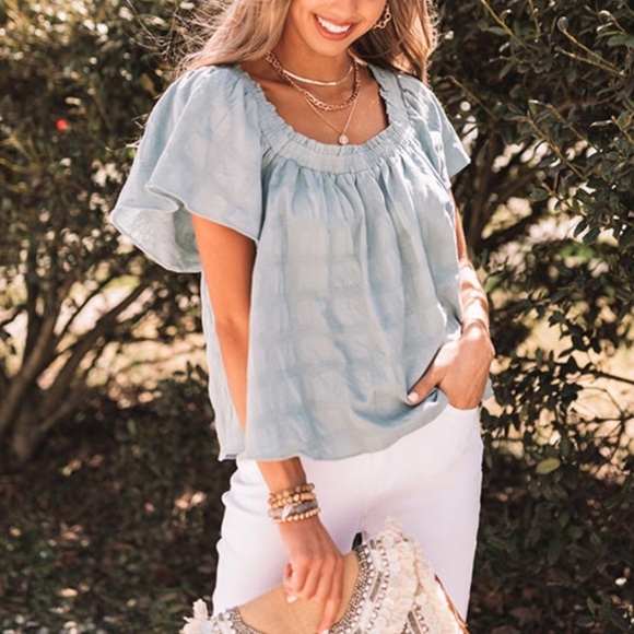 Mustard Seed Tops - Textured elastic neck cotton babydoll top